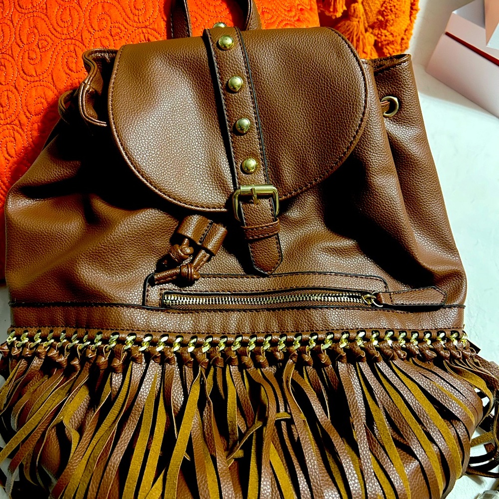 NWT Brown beautiful fringe backpack with tons of storage!